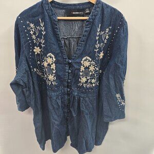 Denim 24/7 Blue Cream Embroidered Denim Wide Sleeve Blouse Size 24W
